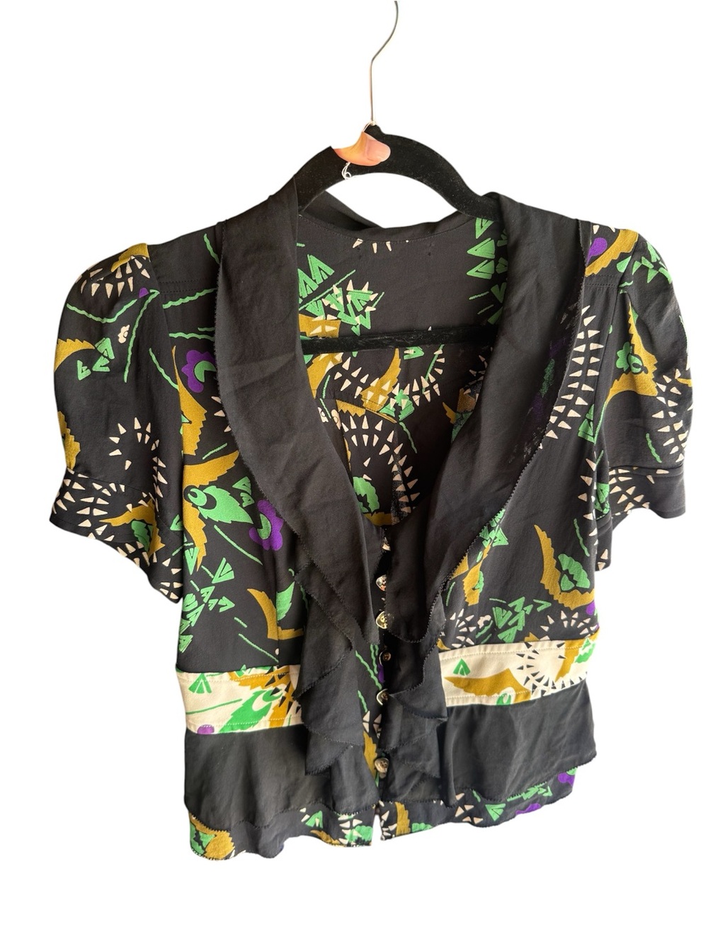50s Vintage Black Floral Ruffle Front Women’s Silk Top Great Condition.